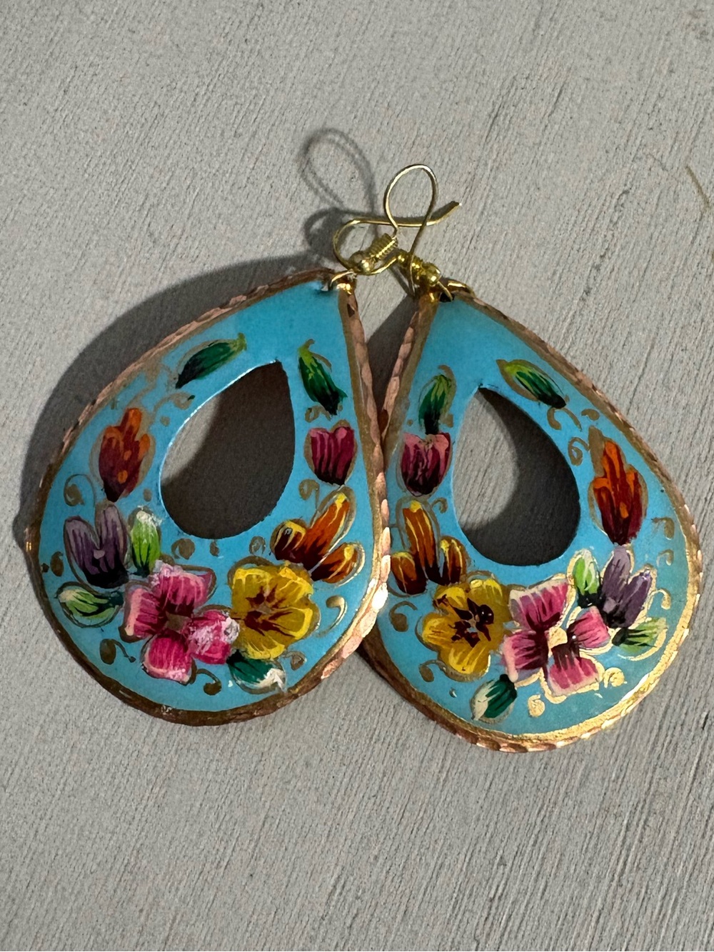 Hand Painted Floral Teardrop Earrings – Artisan Boho Statement - Picture 2 of 2